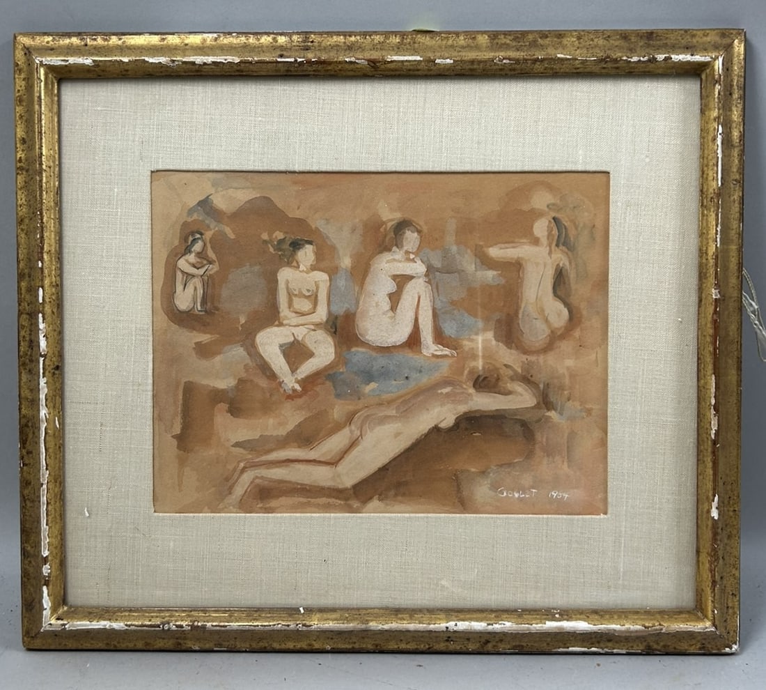 Vintage Watercolor Women Portrait by Goblet: Vintage Framed Watercolor Women Portrait by Goblet, 1964, frame size 15.5''h x 18''w and sight size 8.5''h x 11.5''w