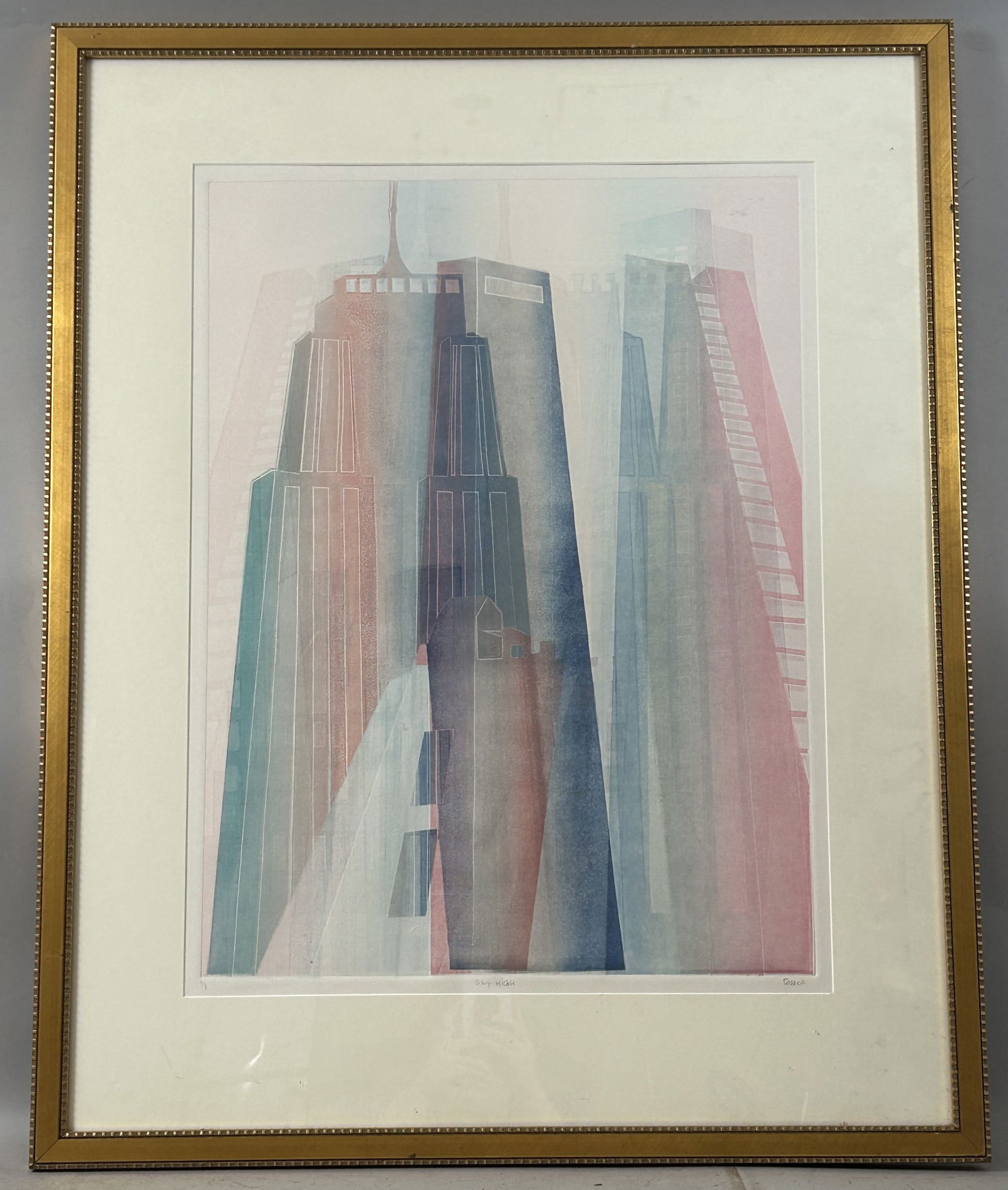 Vintage Etching Titled as Sky High by Pessia: Vintage Etching, Titled as Sky High by Pessia, frame size 27''h x 34.5''w and sight size 26''h x 33.5''w