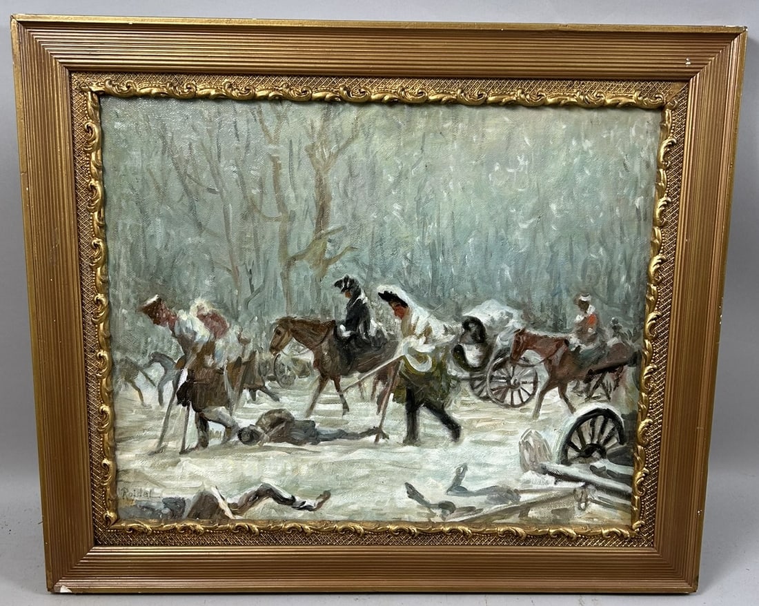 Vintage Oil on Canvas Board Battlefield Scene (1 of 5)