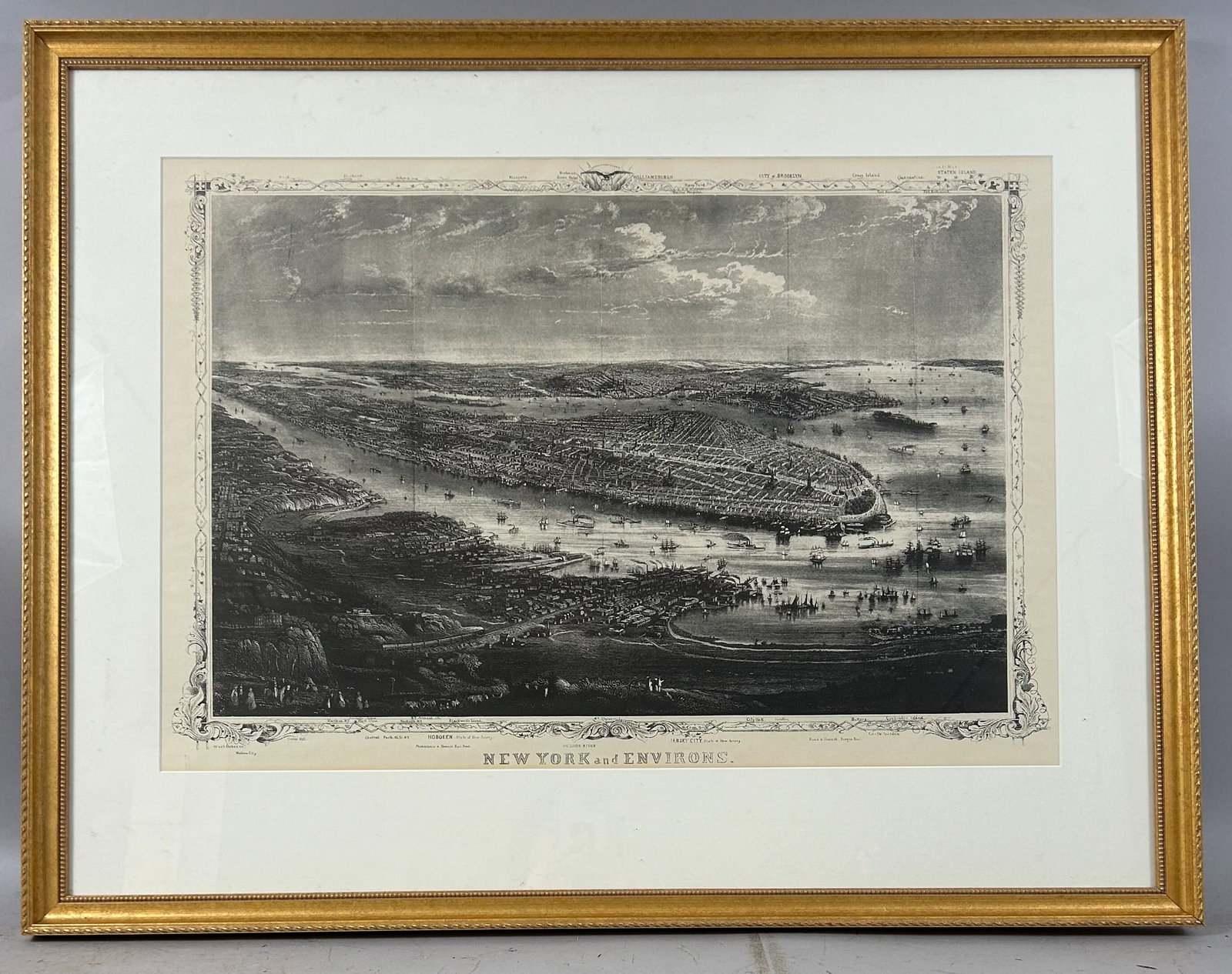 Vintage New York and Environs Print: Vintage Art Print, New York and Environs, frame size 27.5''h x 35.5''w and sight size 17''h x 27''w