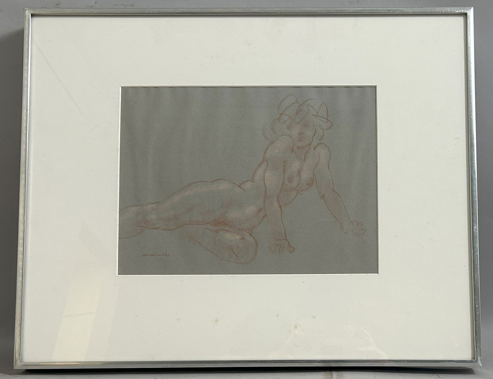 Donald Holden Prismacolor Crayon, "Reclining Nude": Reclining Nude 1995, Signed by Donald Holden, frame size 16''h x 20''w and sight size 12''h x 9''w
