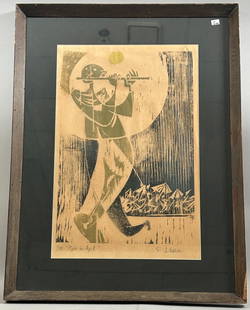 Vintage limited edition Print by Si Lewen: Vintage Print on Paper with Wooden Frame, Signed by Si Lewen at Lower Right, and Titled as ''Piper in April'', frame size 27.5"H x 21"W and sight size 20"H x 13.5"W