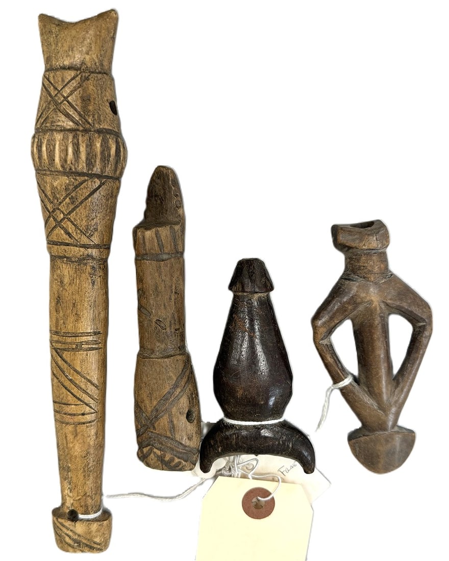 Burkina Faso Whistles (4): Four (4) whistles, Lobi and Gurunsi peoples, Burkina Faso, West Africa. Dimensions (approx.): 9.5: (tallest) to 4" (smallest) PROVENANCE:From the estate of Professor Philip Gould, New York