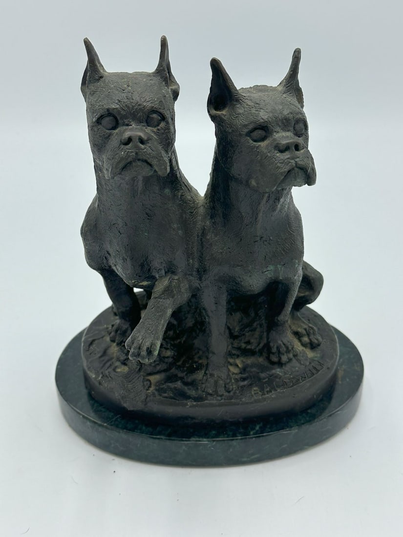 Vintage Bronze Boxer Dogs on Marble Base (1 of 5)