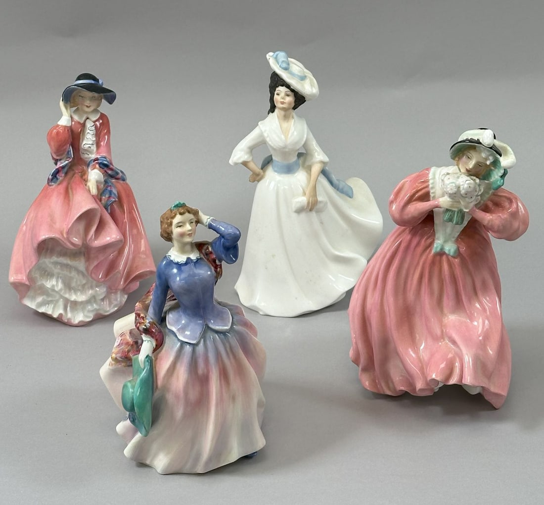 Royal Doulton Vintage Bone China Porcelain Figurines (4): Lot of 4 - Royal Doulton, Vintage Bone China, Hand Made and Hand Painted Porcelain Figurines. HN1849 Pink Top o'the Hill Figurine, HN2021 Blithe Morning Figurine, HN2397 Vintage 1981 Margaret Figurine