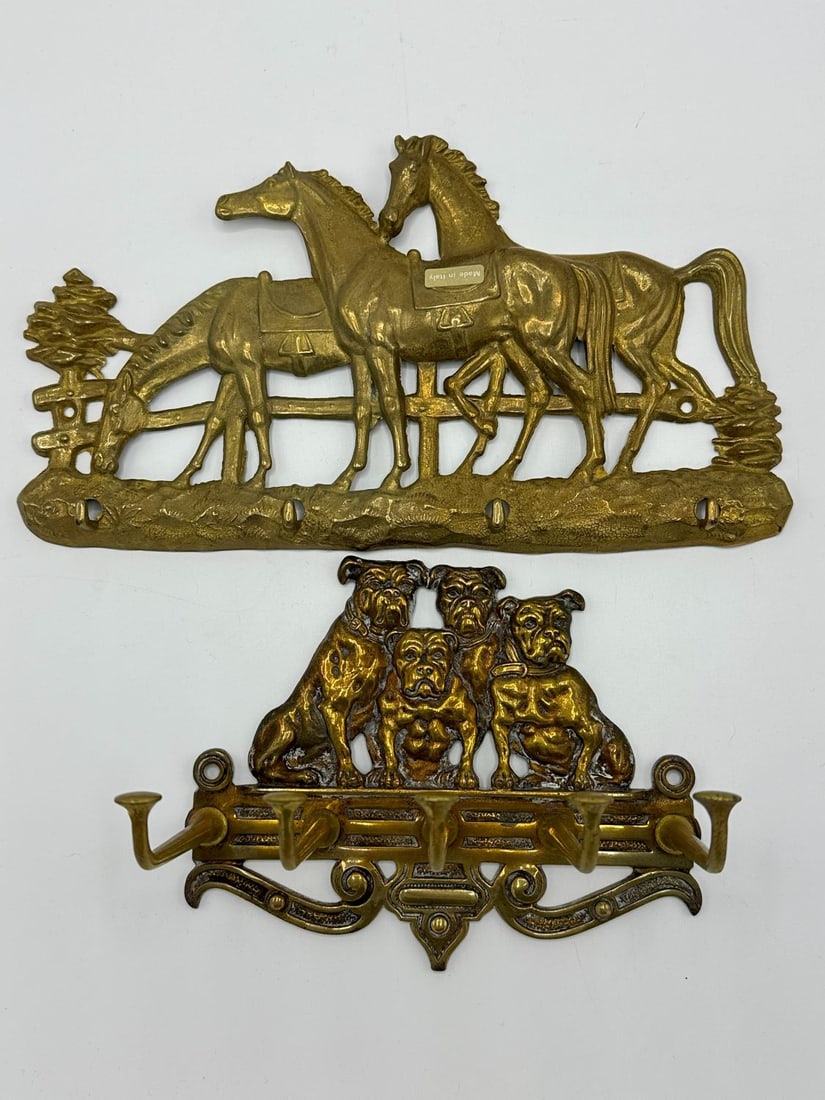 Vintage Cast Iron Bulldogs Wall Mount Hook & Equestrian Brass Key Rack with Horses (1 of 4)