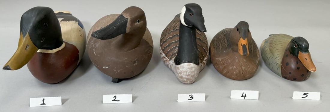 Vintage Wooden Duck Decoys (5): Lot of 5 - Hand painted wood duck decoys. D: Largest duck L 16.5 x 5.25 in, smallest duck 9 x 4 in