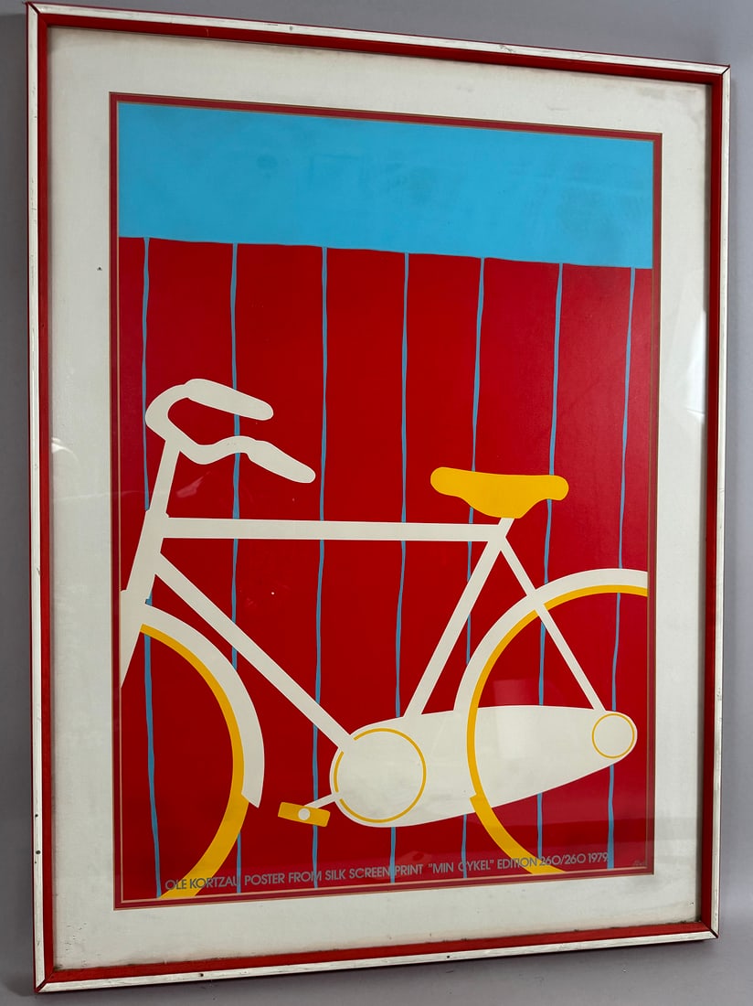 Framed Ole Kortzau Poster "Min Cykel" Silk Screen Print, 1979: Framed Ole Kortzau Poster from silk screen print "Min Cykel" Edition 260/260 1979. Glass frame. D: Frame - W24.5 x H32.5, sight - W19 x H27 in.