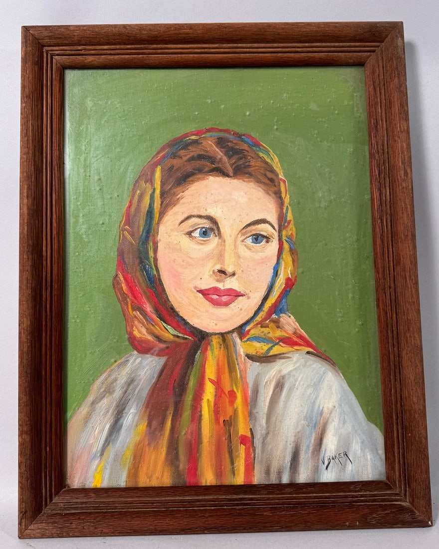 Female Portrait Oil Painting on Canvas by V Baker: Female portrait oil painting on canvas. Woman with a headscarf. Signed V Baker. D: Frame H18 x W14 in, sight H15.5 x W11.5 in.