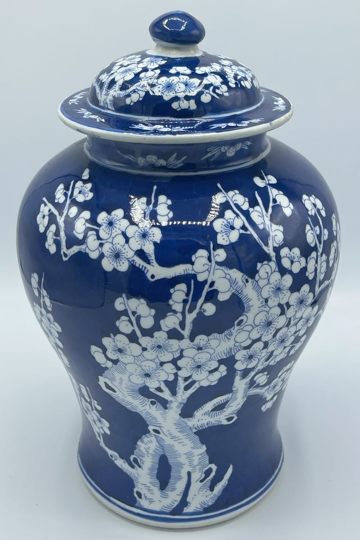 Vintage Chinese Blue&White Cherry Blossom Porcelain Vase with Lid: Vintage Chinese Blue&White Cherry Blossom Porcelain Vase with Lid. Handpainted. Made in China. Aprox. 9" in diameter, 14.5"h