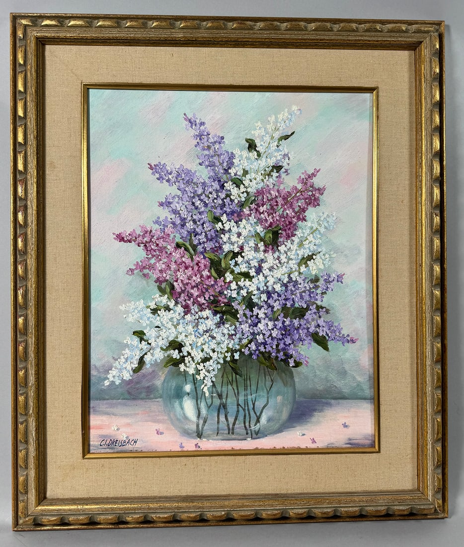 Clarence Ira Dreisbach Still Life painting on Canvas: Oil painting "Lilac" on canvas by Clarence Ira Dreisbach , signed. D: Frame 27.5 x 23.75, sight 19.5 x 15.5 in.