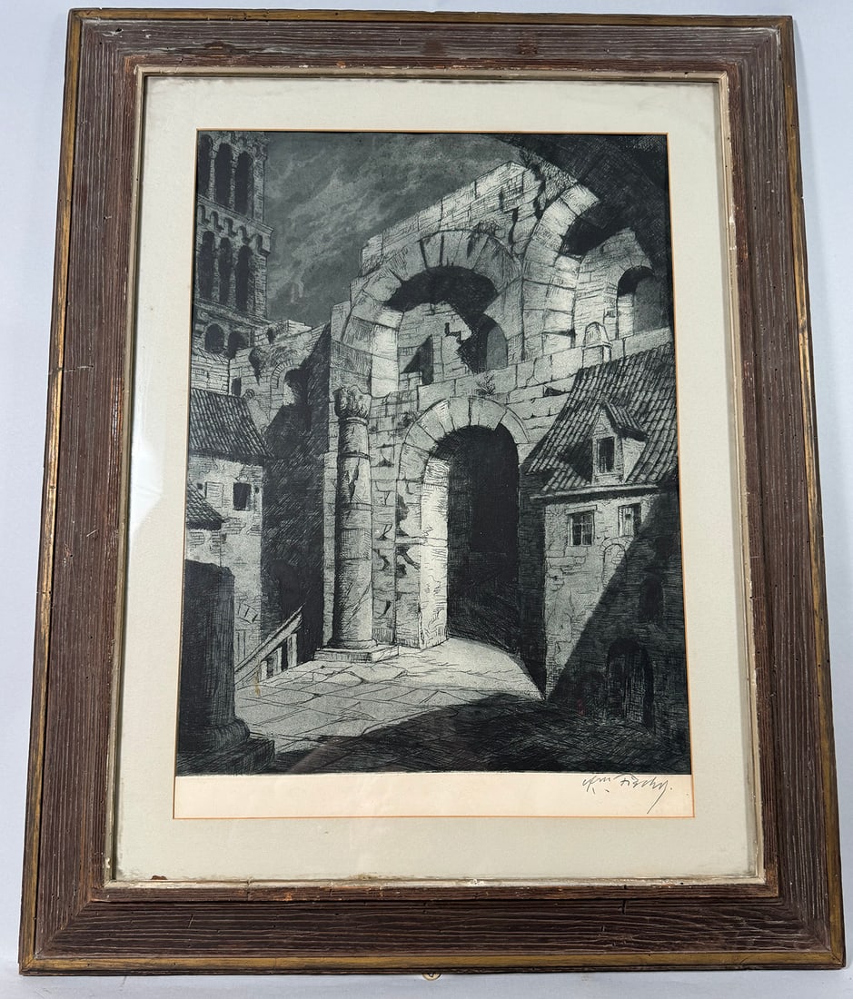 Vintage Etching: Etching, Illegibly signed. Barnwood frame. D: Frame H35.5 x W28 in, sight H25 x 17.5 in.