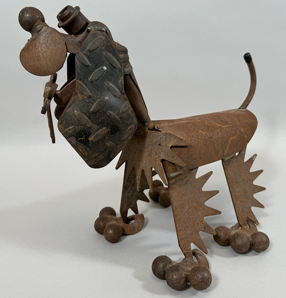 Vintage Welded Iron Dog Sculpture: Rusted wintage metal/iron cat sculpture. D: H12.5 x W9 x D14.5 in.