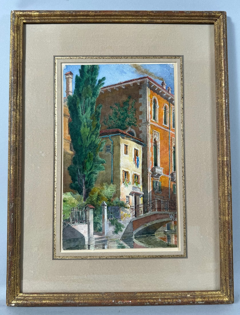 Watercolor Venetian Canal Scene: Venetian (Grand) Canal Watercolor painting, signed MH. Matted and framed. D: Frame H11.75 x W10.75 in, sight LH9 x W6 in.