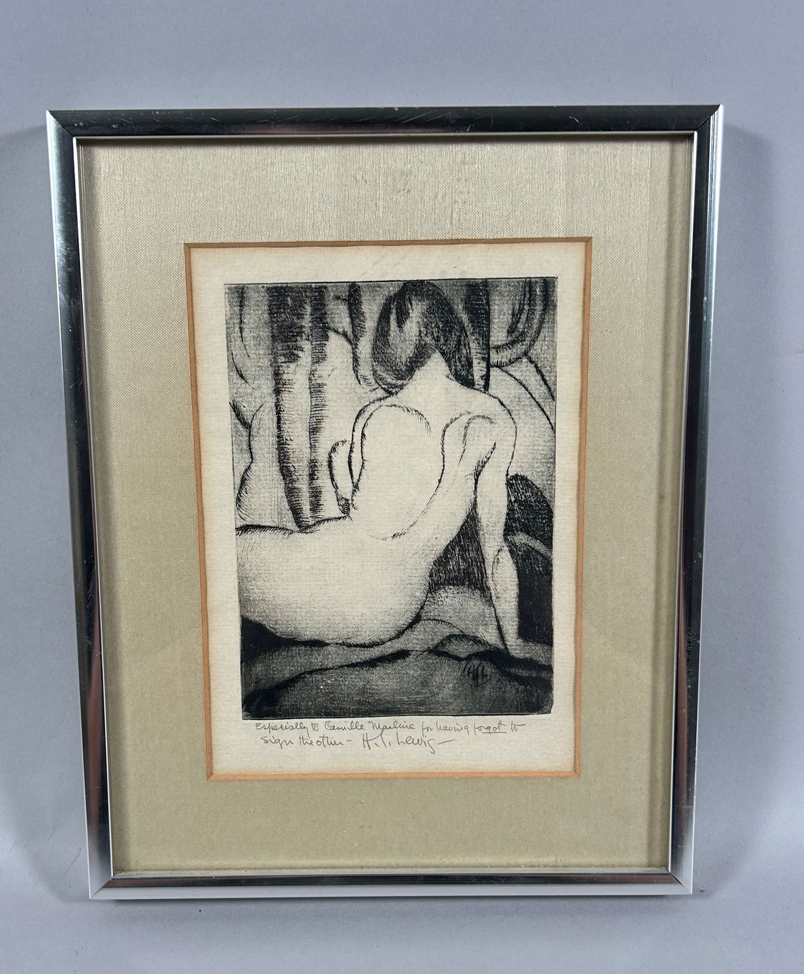 H.T. Lewis Etching of a Nude Woman: H.T. Lewis, etching, nude woman sitting, dedicated and signed at bottom by the artist, 5.5"h x 4"w (sight), 10"h x 8"w (frame)
