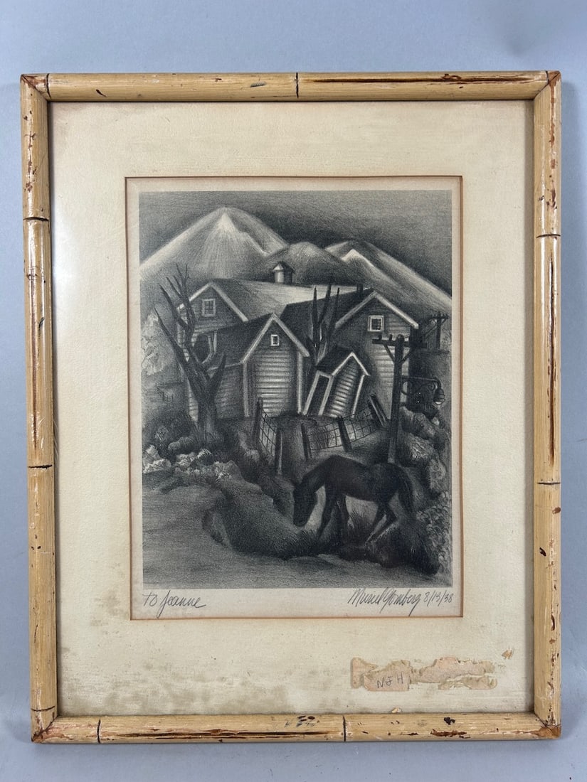 Muriel Yanberg Etching: Muriel Yanberg etching, signed lower right, 8/19/38, dedicated "to Jeanne", 10.5"h x 8.5"w (sight), 17.5"h x 14"w (frame)
