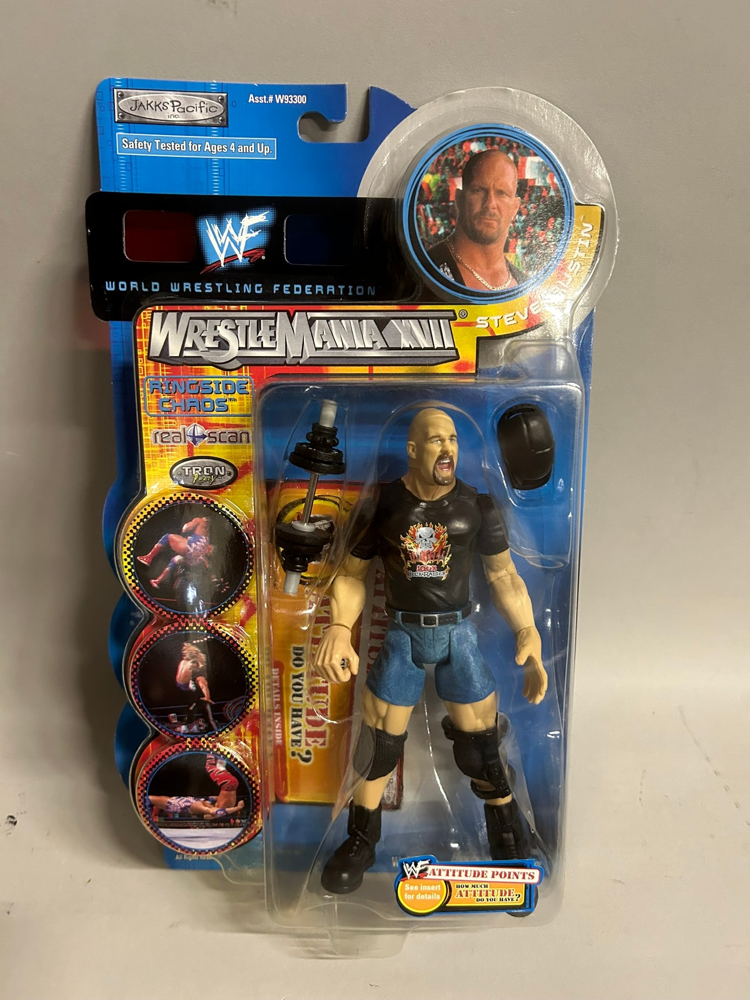 Collection of Jakks Pacific Wrestlemania XVII Ringside Chaos Wrestlers: Includes Wrestlemania XVII Ringside Chaos The Rock, Chris Benoit, Jeff Hardy, Stone Cold Steve Austin, Tazz, and Undertaker