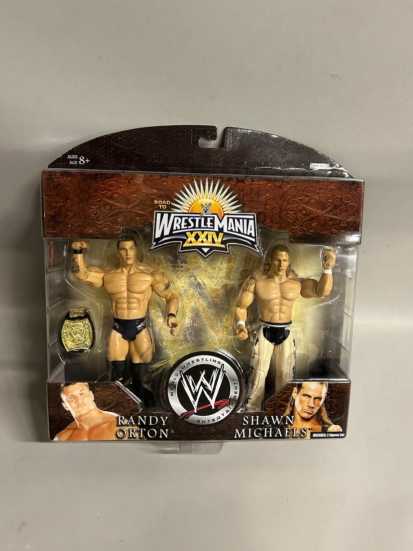 Collection of Jakks Pacific Maximum Sweat, Wrestlemania, and Survivor Series Wrestling Action: Includes Maximum Sweat Triple H and Kane. Includes Road to Wrestlemania XXIV Randy Orton and Shawn Michaels. Includes Survivor Series Signature Series 5 Silver Edition Big Boss Man.