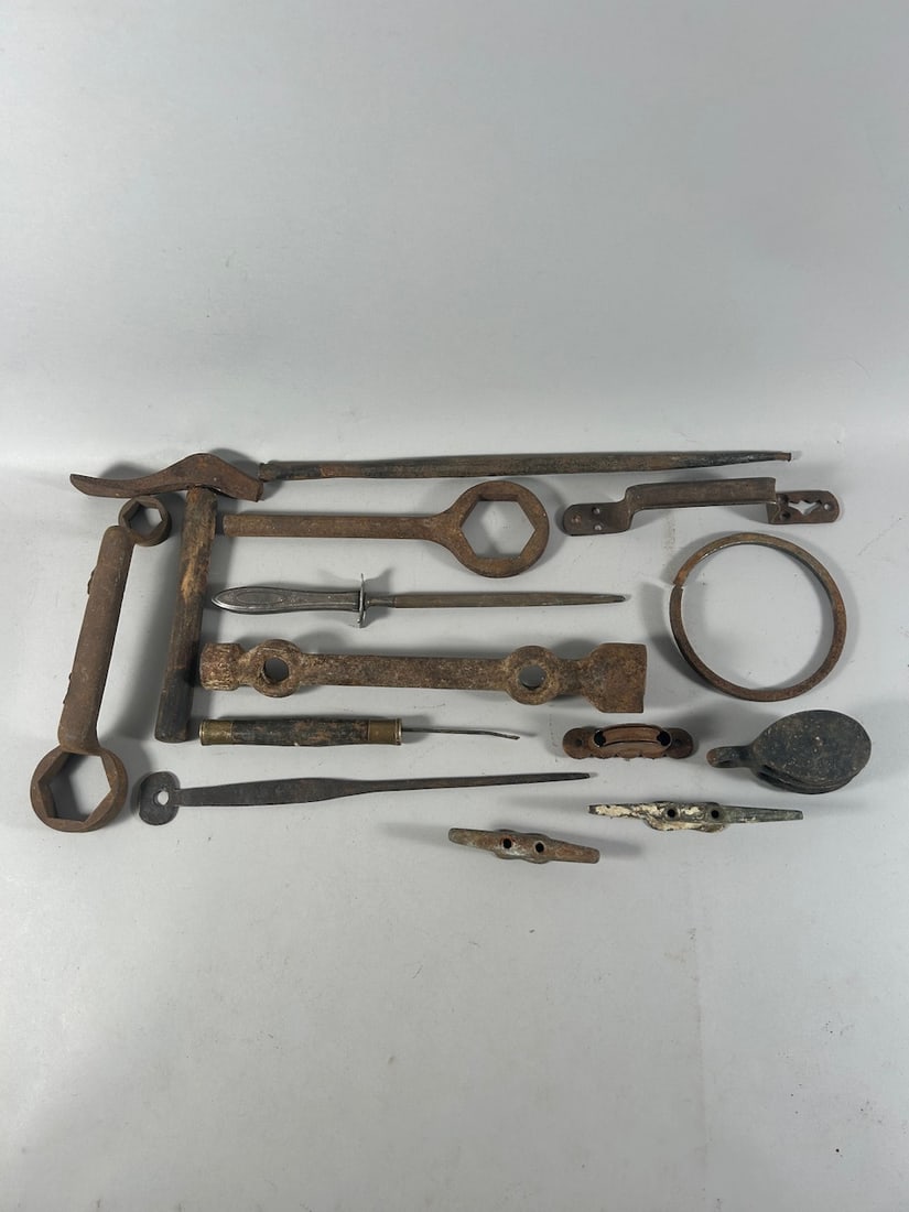 Various African Metal Tools & Fixtures (14): Fourteen (14) various metal tools and fixtures, various cultures, Africa. Dimensions (approx.): 18" (longest) to 4" (shortest) PROVENANCE:From the estate of Professor Philip Gould, New York
