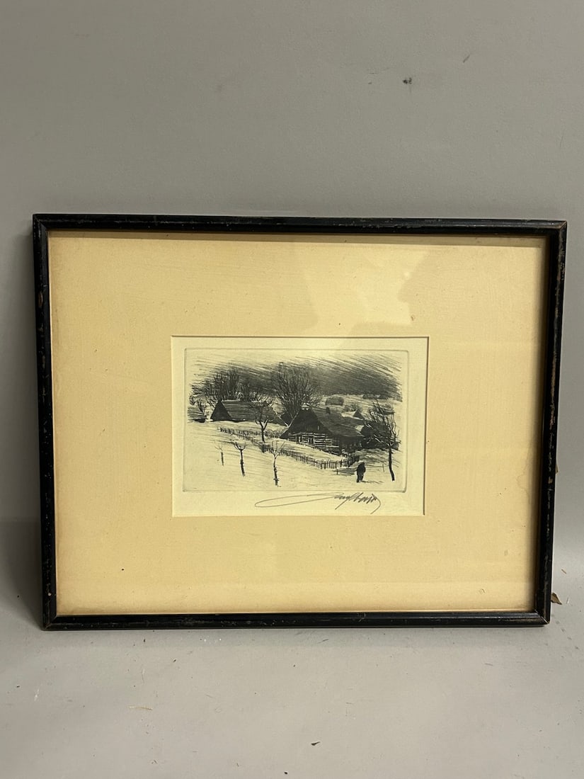 Winterscape Etching on Paper: Winterscape etching, illegibly signed lower right, 4"h x 6"w (sight), 11.5"h x 14.5"w (frame)