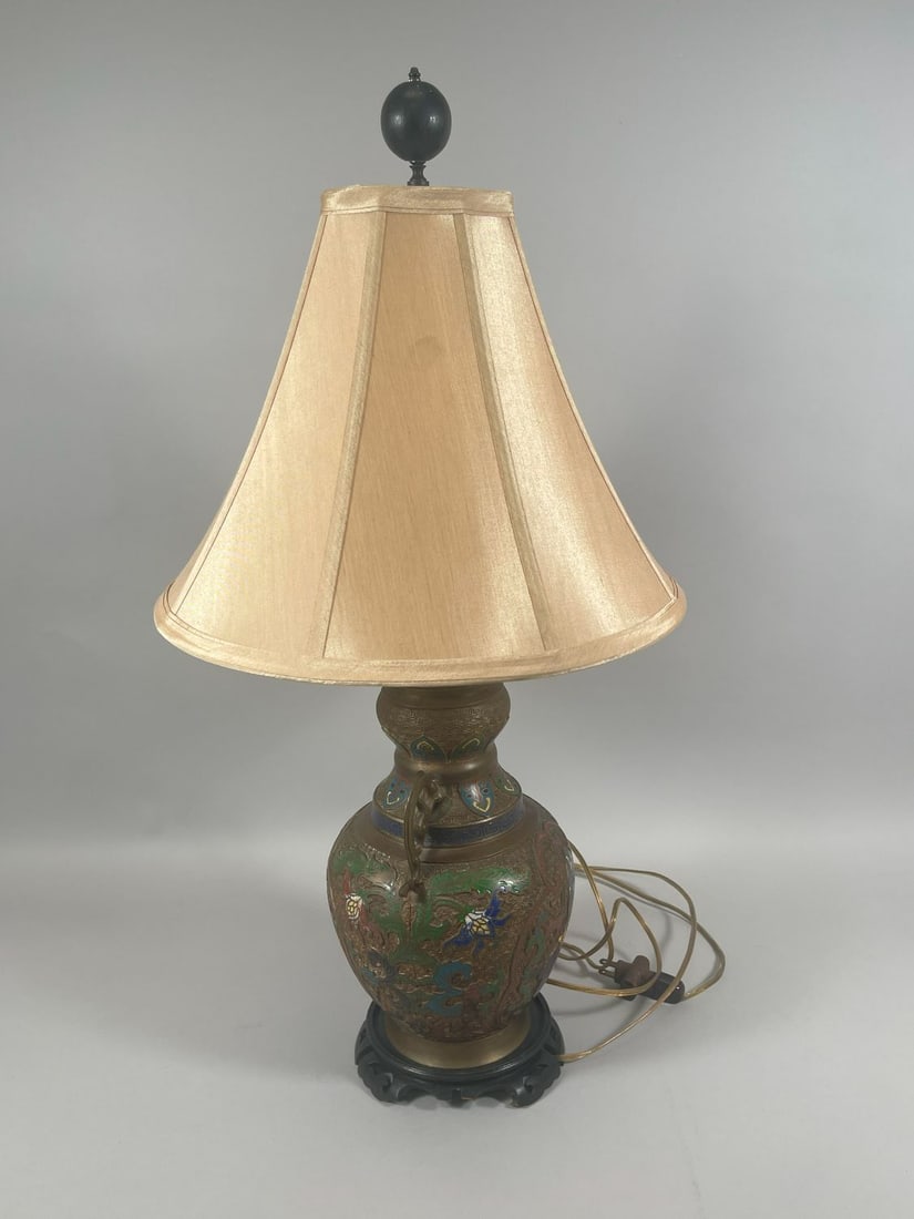 Vintage Asian Champleve Handled Urn Mounted Lamp (1 of 13)