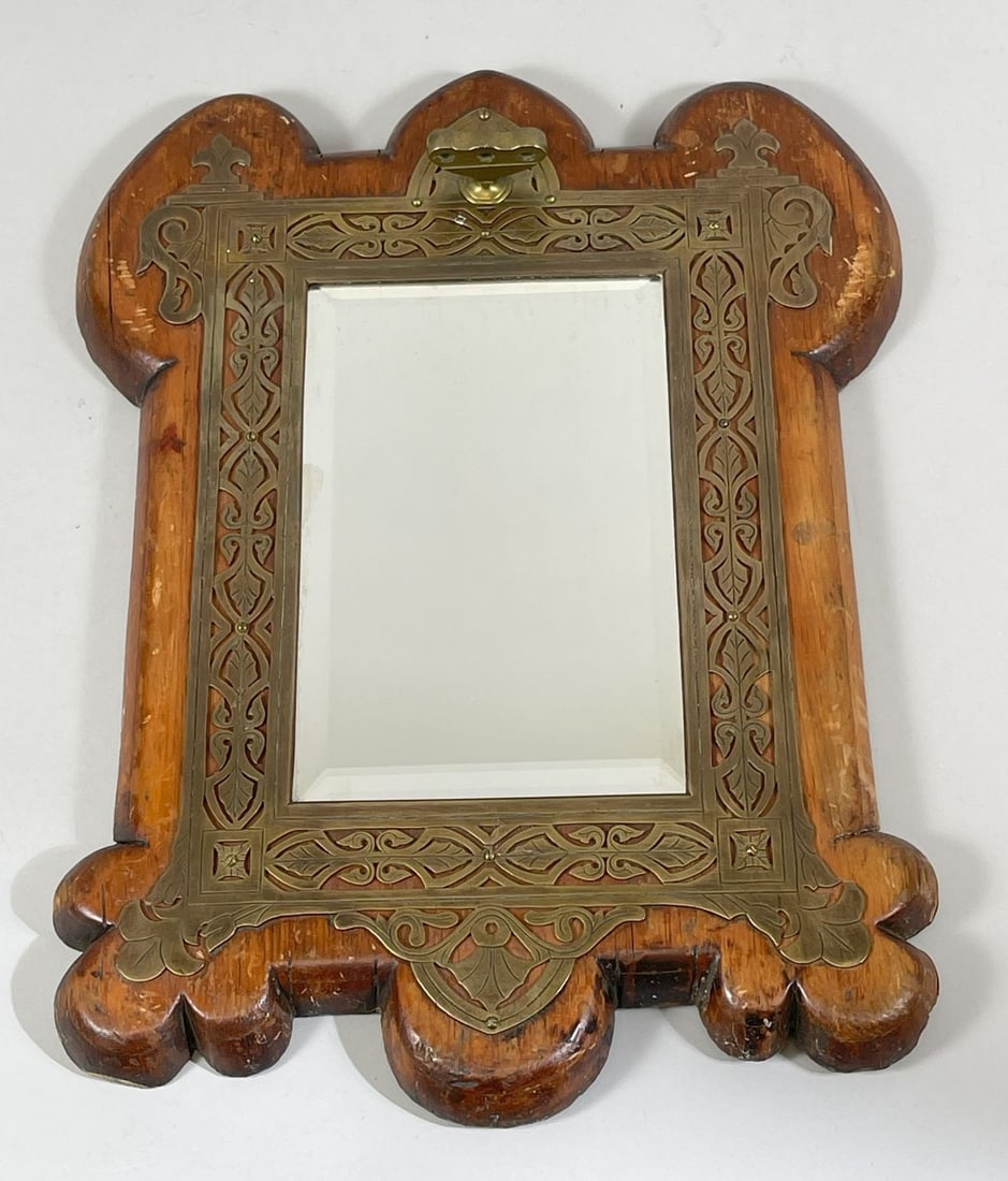 Carved Wooden Wall Mirror with Ornate Brass Finish (1 of 9)