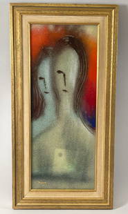 Fused Glass Art Painting by M.Rodier: Wooden Framed Fused Glass Art Painting #V1318 Signed M.Rodier. F: 23"h x 11.5"w S: 18.75"h x 7.25"w
