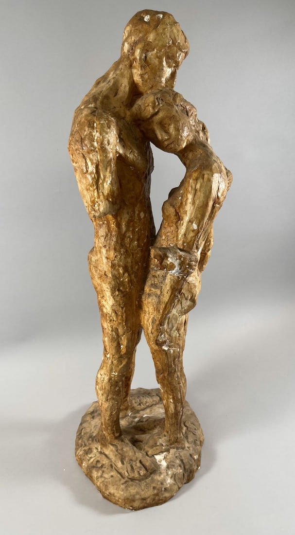 Naked Wooden Lovers Sculpture by Sydney K. Hamburger: Naked Wooden Couple Sculpture. 27.75"h x 10"w x 9.5"d