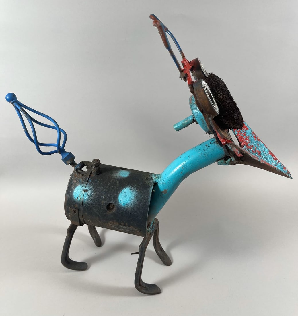 Welded Folk Garden Art Sculpture: Welded Metal Ant Sculpture. Sculpture is made of various recycled metal objects by a folk artist from Southern Jersey. Measures Approx. 19"l x 8"w x 19.25"h