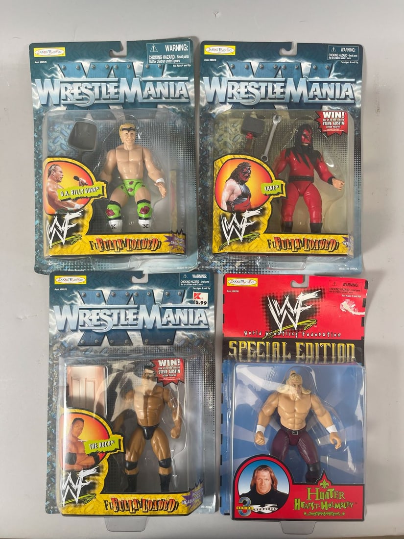 Collection of Jakks Pacific Wrestlemania Fully Loaded Series| Special Edition Series 3 (4): Lot of 4 - Includes Wrestlemania Fully Loaded Series Kane, B.A. Billy Gun, The Rock. Includes Special Edition Series 3 Hunter Hearst-Helmsley
