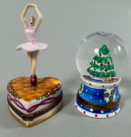 Lot of 2 - Limoges Peint Main Art France Ballerina in Pink and Tree Globe