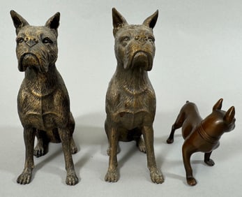 Vintage Sitting Boxer Dogs (2) and French Bulldog (1) Statues