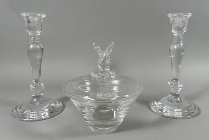 TIFFANY & CO Glass Candle Holders (2) and STEUBEN Glass Crystal Ram's Head Candy Dish