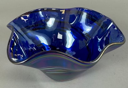 Glass Eye Studio Iridescent Cobalt Blue Bowl with Swirls