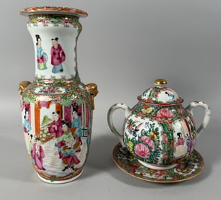 Lot of 2 - Chinese Porcelain Vase, Sugar Bowl and Saucer
