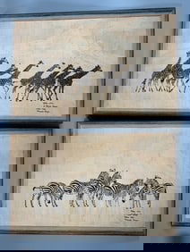 Lot of 2 - African Art on Silk Fabric