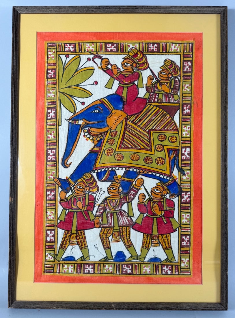 Vintage Phad Art Painting on Fabric India: Vintage Phad art painting, on cotton textile, India. D: Frame 31"h x 22.5"w, sight 25"h x 16.75"w.