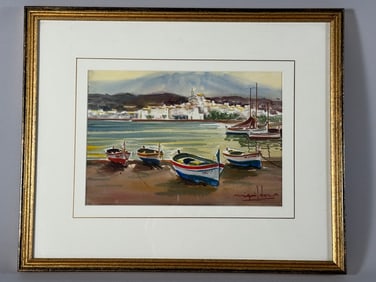 Fishing Boats on Coast Watercolor Painting