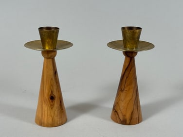 Vintage MCM Brass Wood Candle Holder Israel Live Wood
