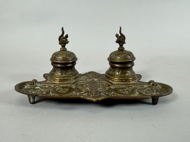 Vintage DEPOSE Style Brass Double Inkwell