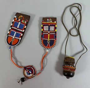 Lot of 2 - Maasai Women's Beaded & Leather Earrings & Maasai horn snuff containeer with Beads.