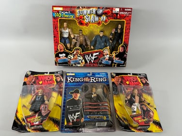 Lot of 4 - WWF Action Figures in Original Boxes: Headbanger Thrasher, WF Wrestle Mania, Commisioner