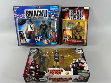 Lot of 4 - WWF Action Figures in Original Boxes: The Rock, Raw is War. Mankind vs The Rock, Smack
