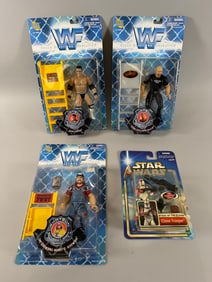 Lot of 4 - Star Wars Figure & WWF Action Figures in Original Boxes: Clone Trooper.Rocky Maivia, Raw