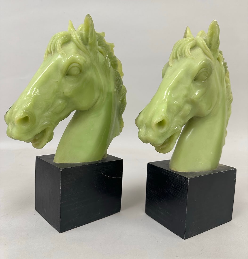 Pair of 2 - Light Green Horse Head Sculptures on Black Rectangular Bases. (1 of 5)