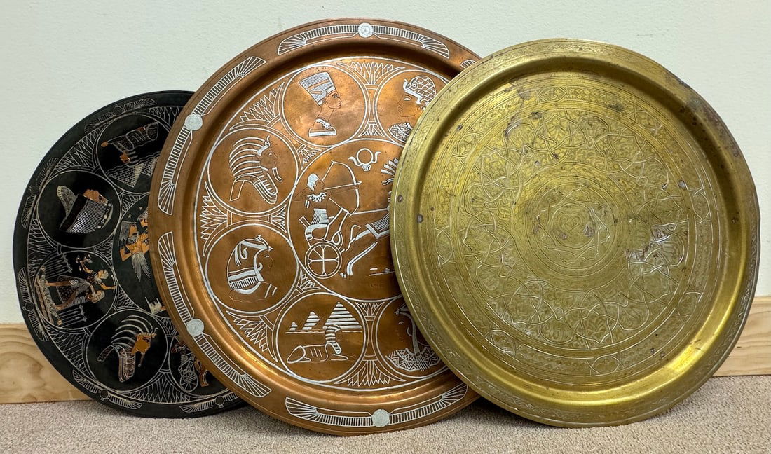 Lot of 3 - Hand Crafted Copper & Brass Round Middle Eastern  Decorative Trays (1 of 20)