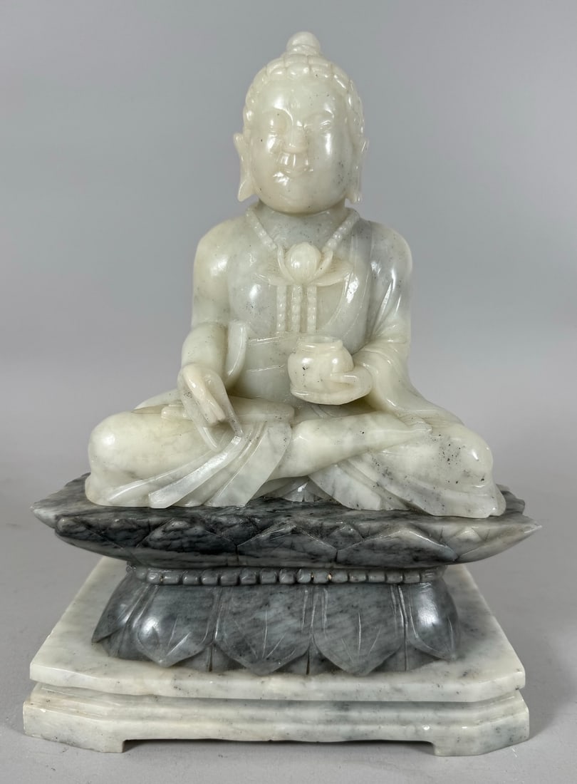 Vintage White Jade Sitting Buddha on Marble Base (1 of 10)
