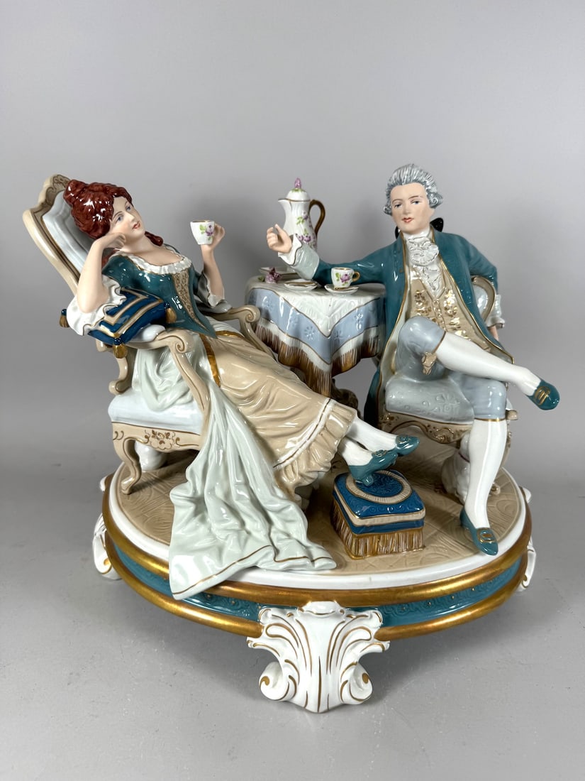 Vintage Royal Dux "Afternoon Tea" Bohemian Porcelain Figurine: Vintage Royal Dux "Afternoon Tea" Bohemian porcelain figurine. Hand painted. Made in Czechoslovakia. D: 12.5" x 15" x 12".
