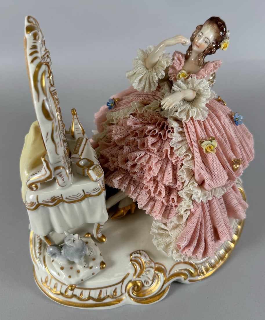Vintage Volkstedt Lace "Lady with Makeup Vanity" Porcelain Figurine Dresden Germany (1 of 11)
