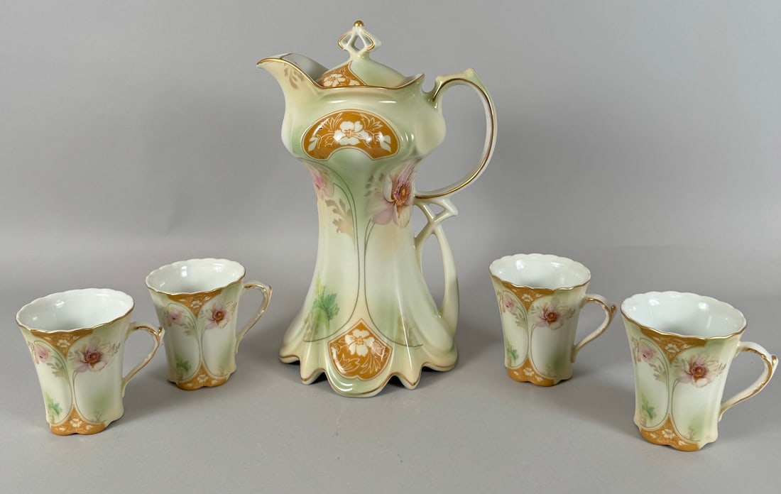 Lot of 5 - Vintage Prussia Floral Pattern China Tea Pot and 4 Cups (1 of 15)
